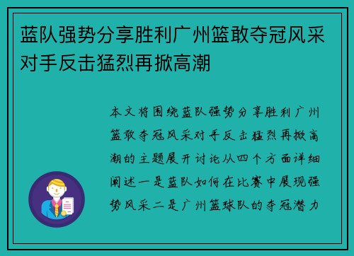 蓝队强势分享胜利广州篮敢夺冠风采对手反击猛烈再掀高潮